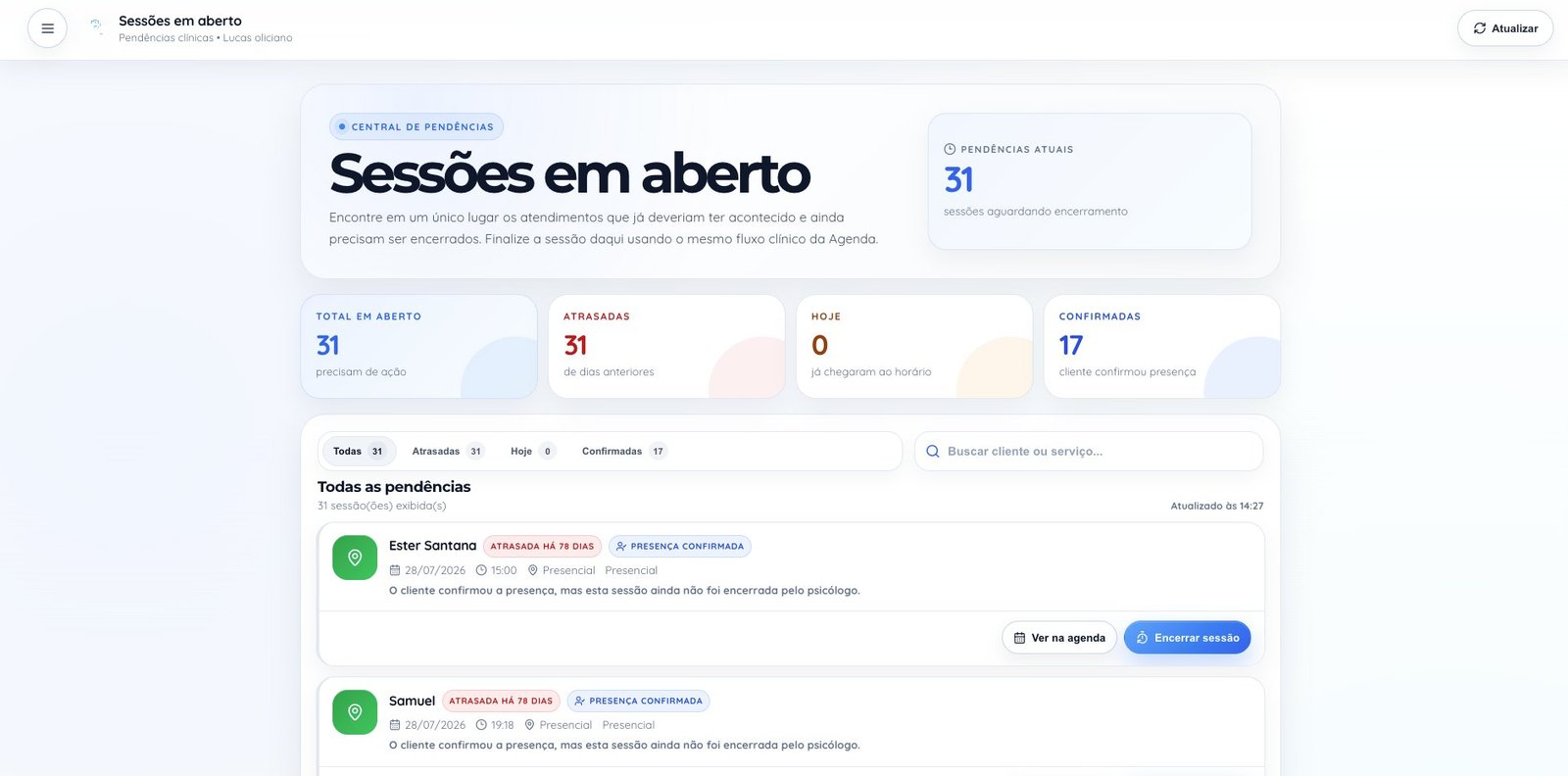 Tela da central de sessões em aberto do PsyAssist Pro